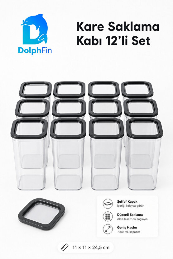 Kare Saklama Kabı 12li Set Siyah 1900 ml 11 × 11 × 24,5 cm