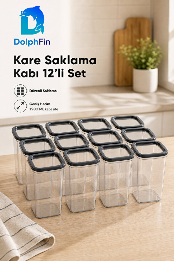 Kare Saklama Kabı 12li Set Siyah 1900 ml 11 × 11 × 24,5 cm