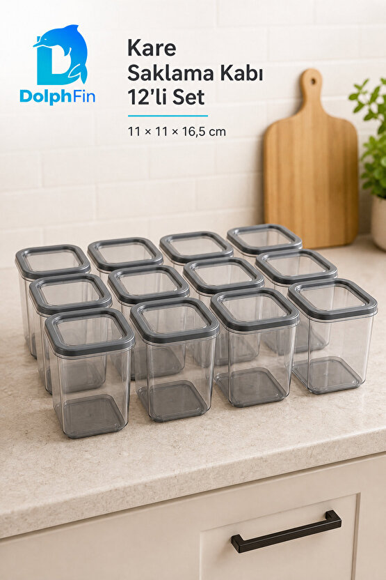 Kare Saklama Kabı 12li Set 1300 ml Siyah 11 × 11 × 16,5 cm