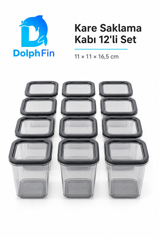 Kare Saklama Kabı 12li Set 1300 ml Siyah 11 × 11 × 16,5 cm