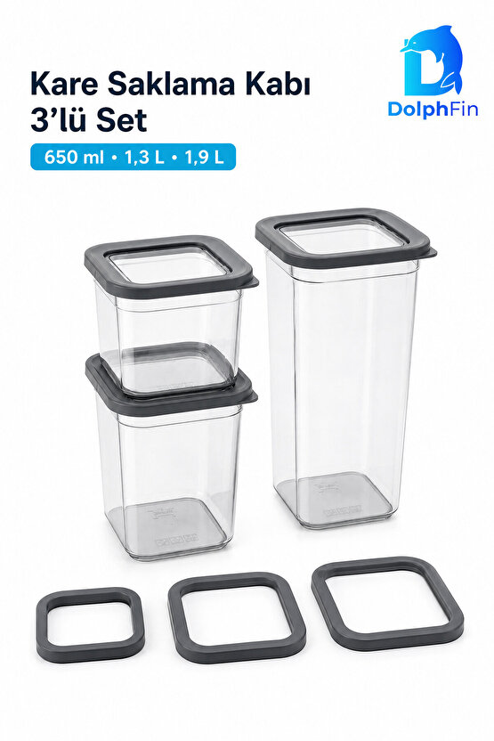 Kare Saklama Kabı 3lü Set Siyah 650-1300-1900 ml