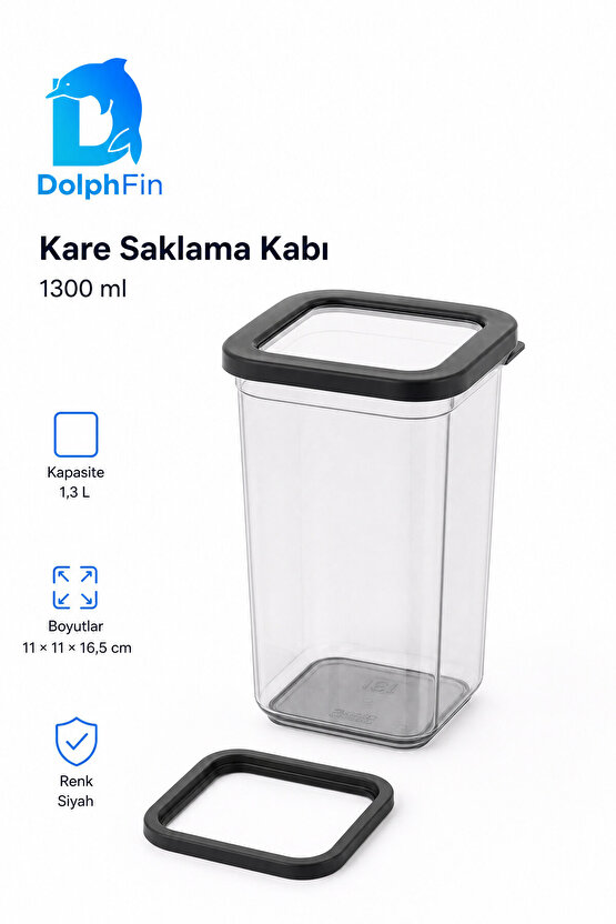 Kare Saklama Kabı 1300 ml Siyah 11 × 11 × 16,5 cm