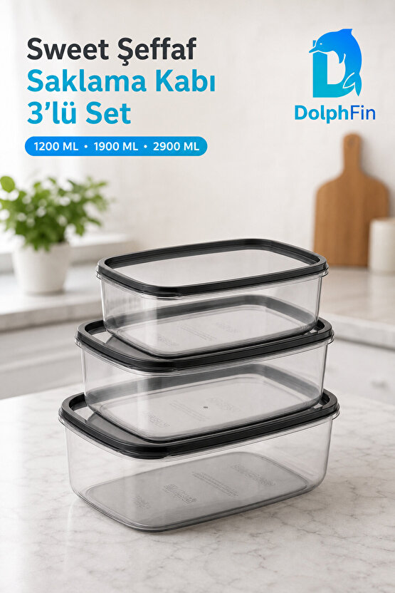 Sweet Şeffaf Saklama Kabı 3lü Set Siyah 25 × 18 × 9 cm