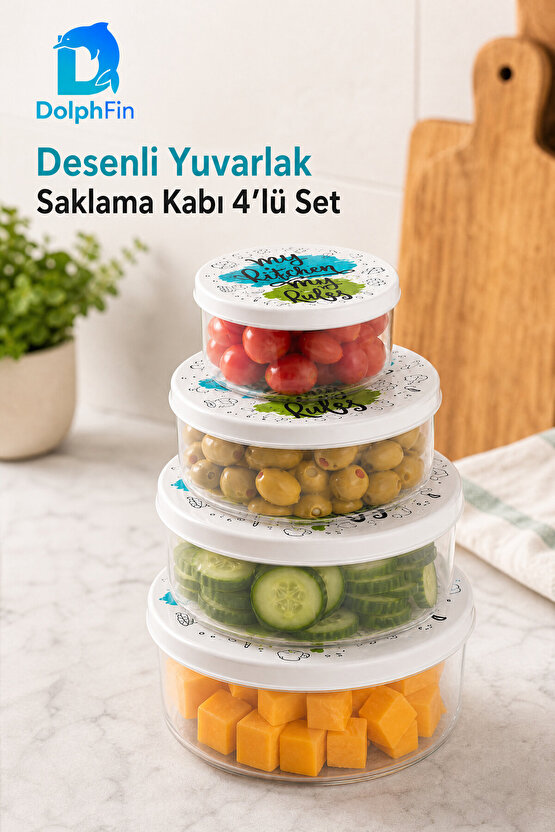 Desenli Yuvarlak Saklama Kabı 4lü Set Siyah 13 × 13 × 6,5 cm