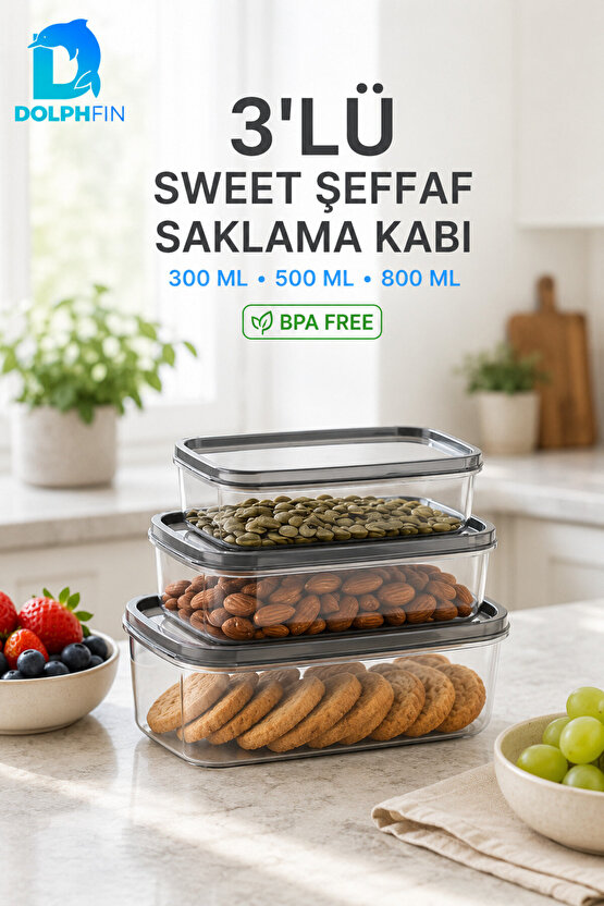 3lü Şeffaf Saklama Kabı Siyah 300500800 ml