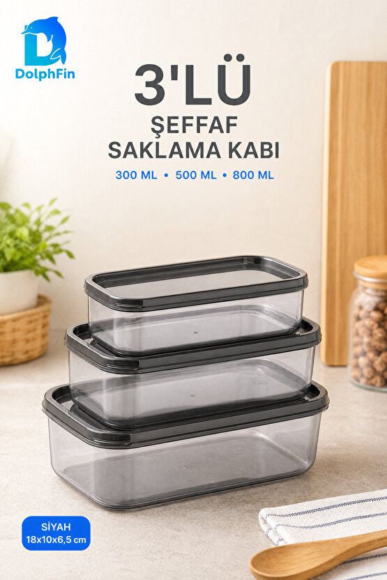 3lü Şeffaf Saklama Kabı Siyah 300500800 ml
