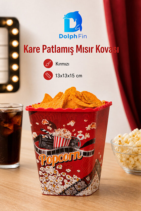 Kırmızı Popcorn Kutusu 1,6 L | Kare Patlamış Mısır Kovası