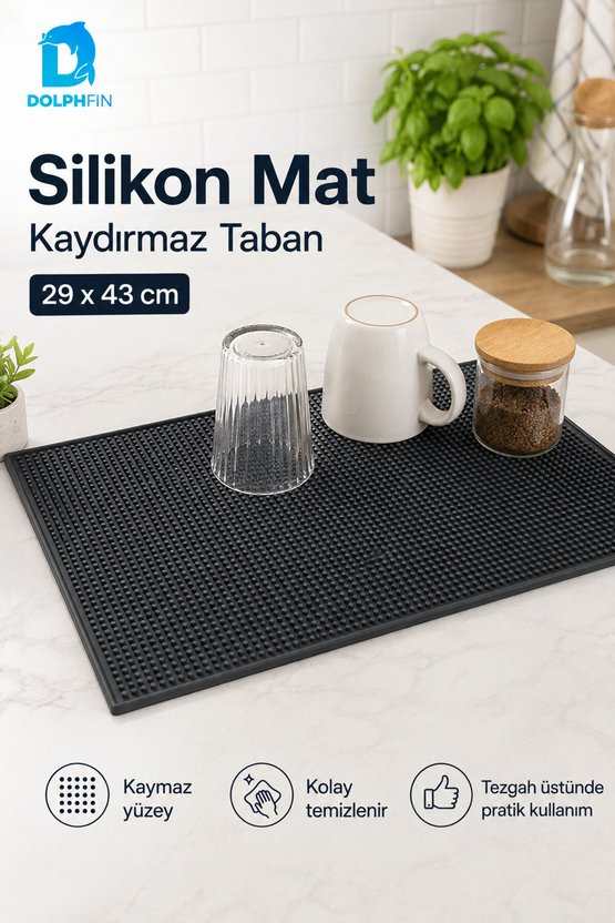 Silikon Kaydırmaz Bar Matı Bulaşık Kurutma ve Tezgâh Altlığı 29x43 cm Siyah
