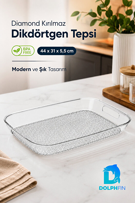 Diamond Kırılmaz Dikdörtgen Servis Tepsisi 44x31 cm Kulplu Şeffaf BPA İçermez
