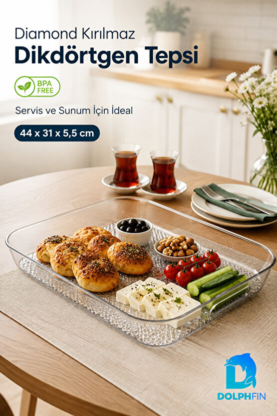 Diamond Kırılmaz Dikdörtgen Servis Tepsisi 44x31 cm Kulplu Şeffaf BPA İçermez