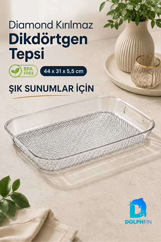 Diamond Kırılmaz Dikdörtgen Servis Tepsisi 44x31 cm Kulplu Şeffaf BPA İçermez