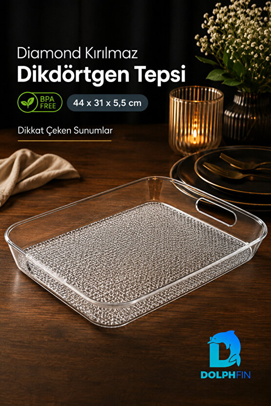Diamond Kırılmaz Dikdörtgen Servis Tepsisi 44x31 cm Kulplu Şeffaf BPA İçermez