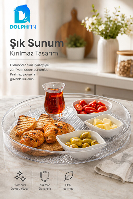 Diamond Kırılmaz Yuvarlak Servis Tepsisi 39 cm Kulplu Kaymaz Şeffaf BPA İçermez