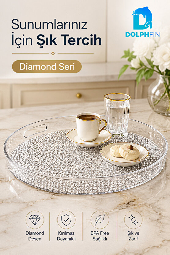 Diamond Kırılmaz Yuvarlak Servis Tepsisi 39 cm Kulplu Kaymaz Şeffaf BPA İçermez