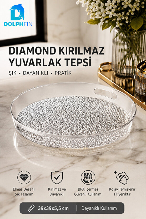 Diamond Kırılmaz Yuvarlak Servis Tepsisi 39 cm Kulplu Kaymaz Şeffaf BPA İçermez