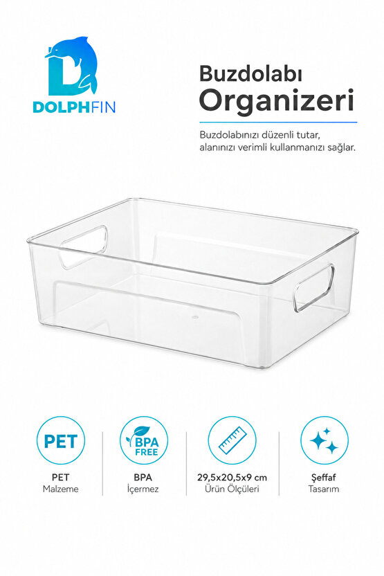 Şeffaf PET Buzdolabı Organizeri Büyük Kulplu Düzenleyici Kutu 29,5x20,5x9 cm