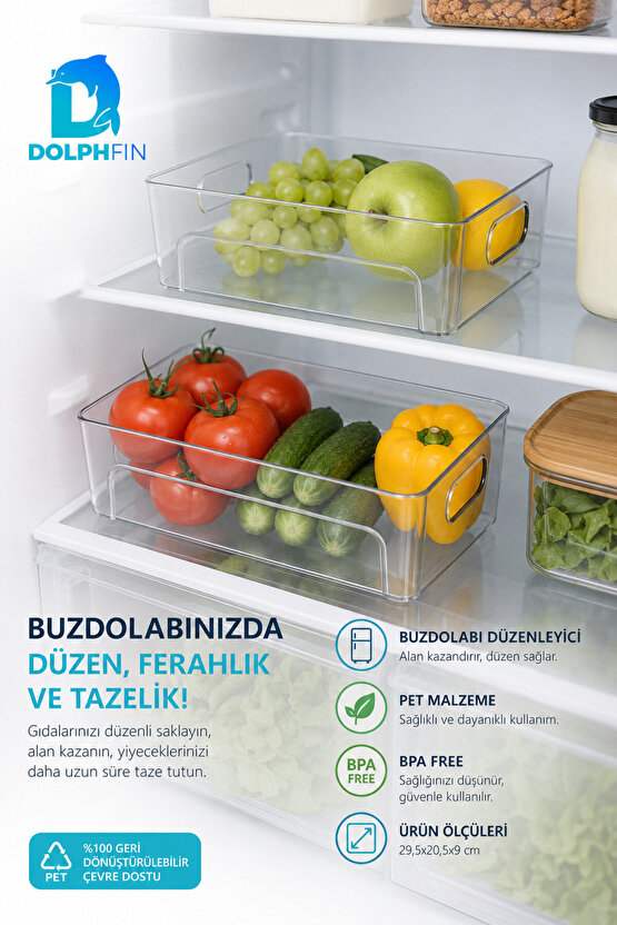 Şeffaf PET Buzdolabı Organizeri Büyük Kulplu Düzenleyici Kutu 29,5x20,5x9 cm