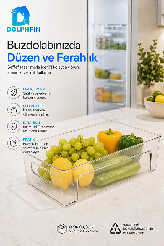 Şeffaf PET Buzdolabı Organizeri Büyük Kulplu Düzenleyici Kutu 29,5x20,5x9 cm