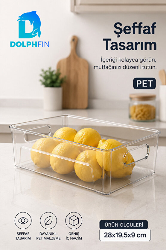 Şeffaf PET Buzdolabı Organizeri Geniş Kulplu Düzenleyici Kutu 28x19,5x9 cm