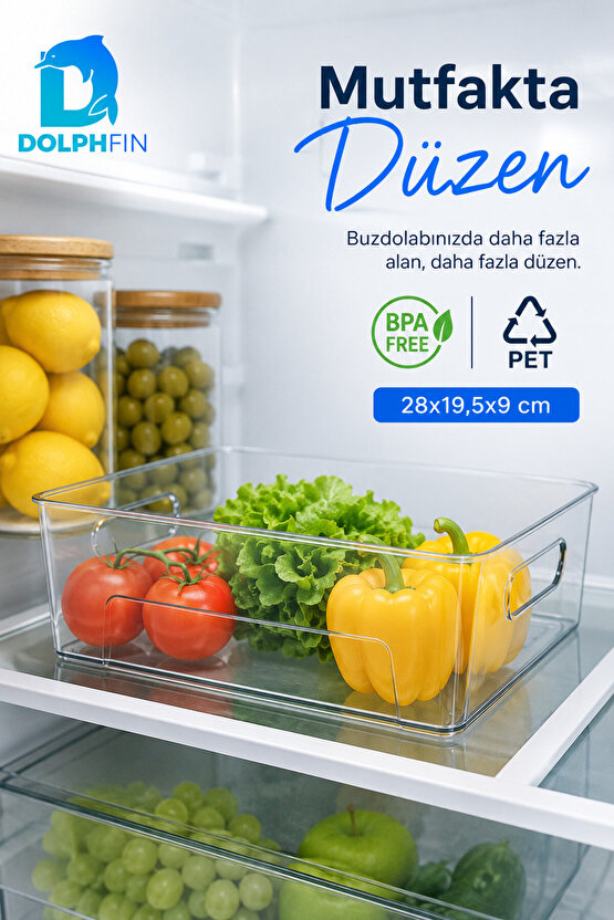 Şeffaf PET Buzdolabı Organizeri Geniş Kulplu Düzenleyici Kutu 28x19,5x9 cm