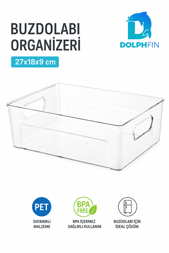 Şeffaf PET Buzdolabı Organizeri Geniş Kulplu Düzenleyici Kutu 27x18x9 cm