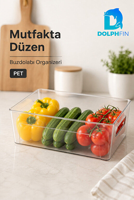 Şeffaf PET Buzdolabı Organizeri Geniş Kulplu Düzenleyici Kutu 27x18x9 cm