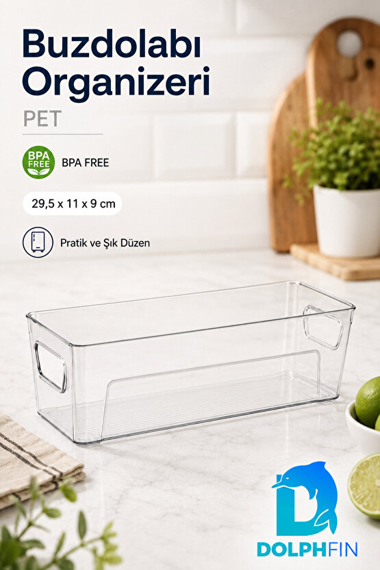 Şeffaf PET Buzdolabı Organizeri Kulplu Düzenleyici Kutu 29,5x11x9 cm