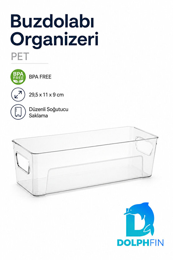 Şeffaf PET Buzdolabı Organizeri Kulplu Düzenleyici Kutu 29,5x11x9 cm