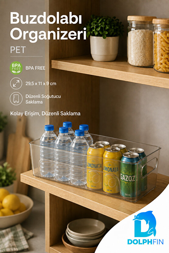 Şeffaf PET Buzdolabı Organizeri Kulplu Düzenleyici Kutu 29,5x11x9 cm