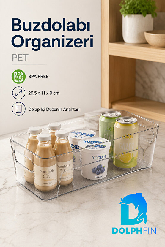 Şeffaf PET Buzdolabı Organizeri Kulplu Düzenleyici Kutu 29,5x11x9 cm