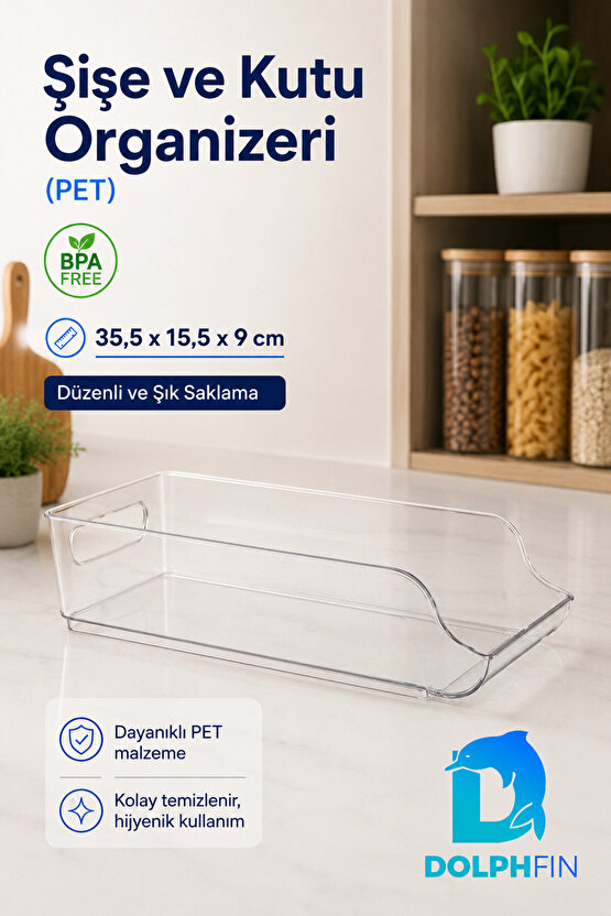 Şeffaf PET Şişe ve Kutu Organizeri Buzdolabı Düzenleyici 35,5x15,5x9 cm