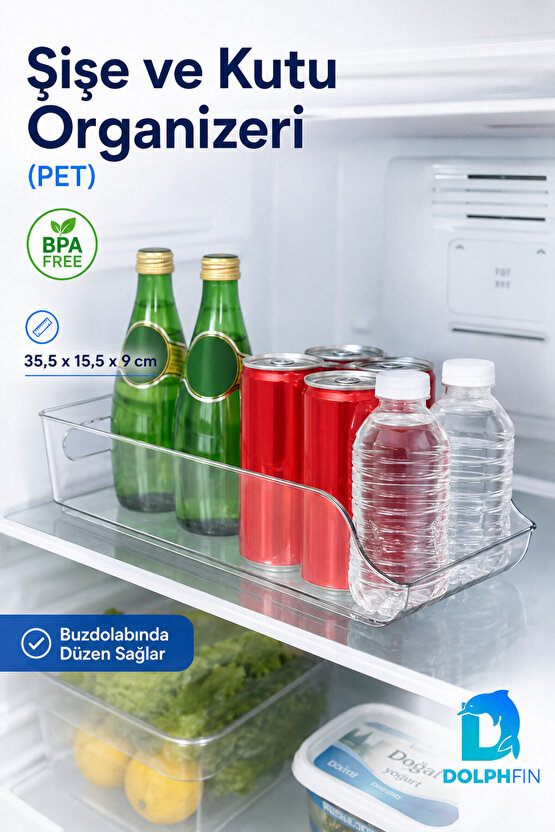 Şeffaf PET Şişe ve Kutu Organizeri Buzdolabı Düzenleyici 35,5x15,5x9 cm