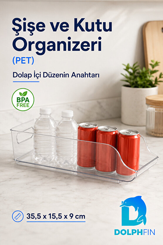 Şeffaf PET Şişe ve Kutu Organizeri Buzdolabı Düzenleyici 35,5x15,5x9 cm