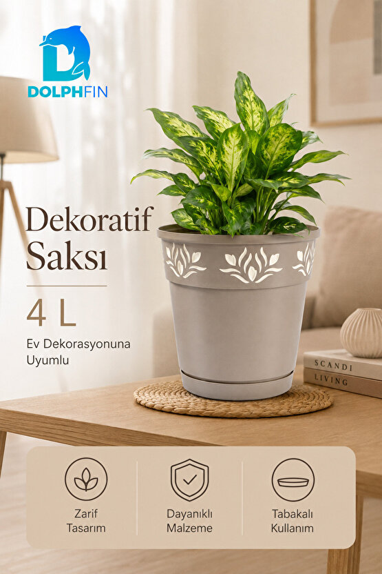 4 Litre Dekoratif Alt Tabaklı Plastik Saksı 20x20x20 cm Çiçek Motifli Karışık Renk
