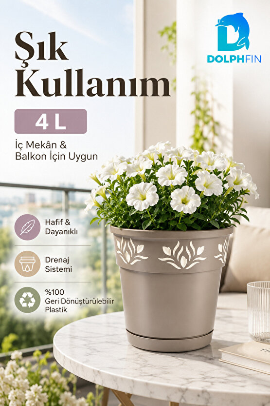 4 Litre Dekoratif Alt Tabaklı Plastik Saksı 20x20x20 cm Çiçek Motifli Karışık Renk