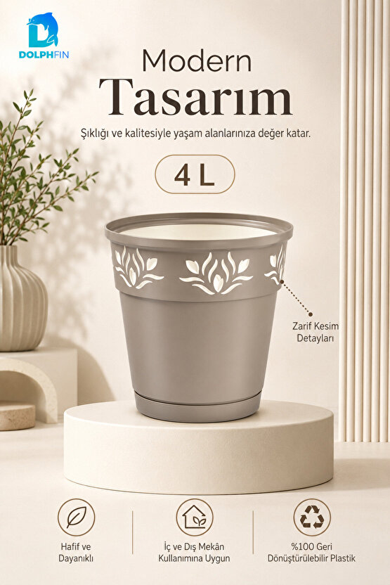 4 Litre Dekoratif Alt Tabaklı Plastik Saksı 20x20x20 cm Çiçek Motifli Karışık Renk