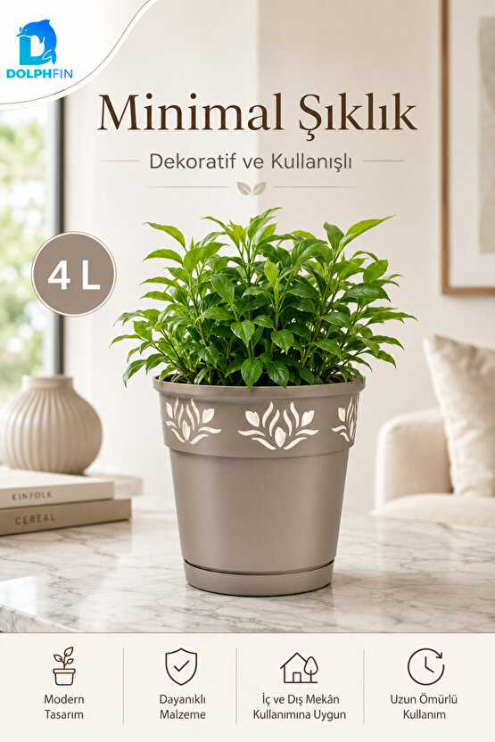 4 Litre Dekoratif Alt Tabaklı Plastik Saksı 20x20x20 cm Çiçek Motifli Karışık Renk