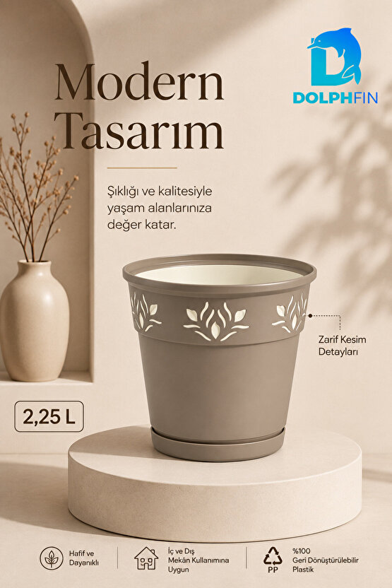 2,25 L Dekoratif Alt Tabaklı Plastik Saksı Çiçek Motifli Karışık Renk