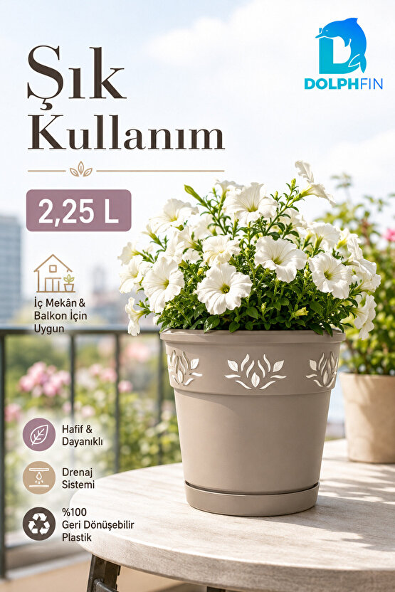 2,25 L Dekoratif Alt Tabaklı Plastik Saksı Çiçek Motifli Karışık Renk