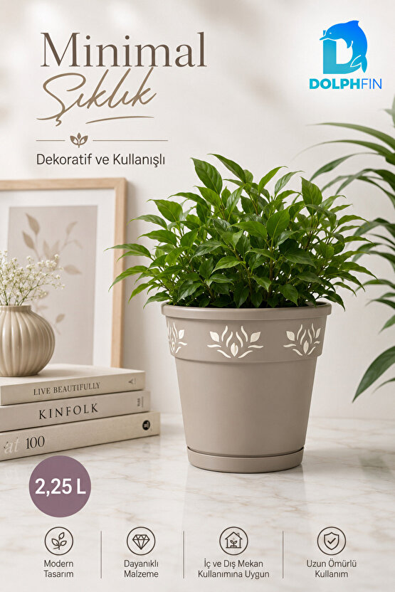 2,25 L Dekoratif Alt Tabaklı Plastik Saksı Çiçek Motifli Karışık Renk
