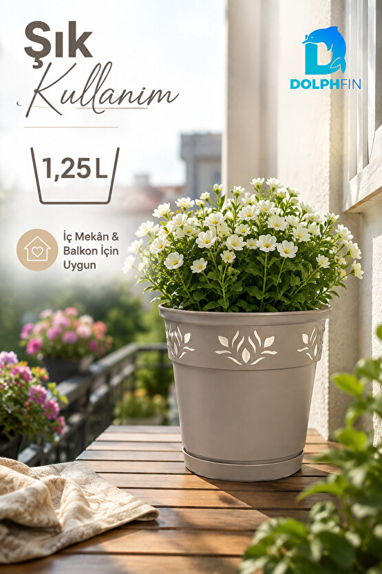 1,25 L Dekoratif Alt Tabaklı Plastik Saksı Çiçek Motifli Karışık Renk