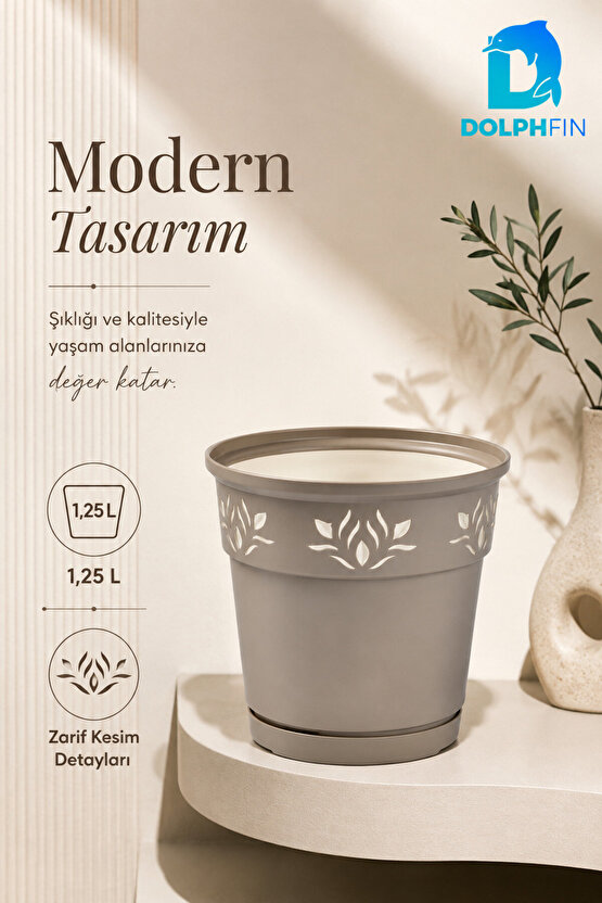 1,25 L Dekoratif Alt Tabaklı Plastik Saksı Çiçek Motifli Karışık Renk
