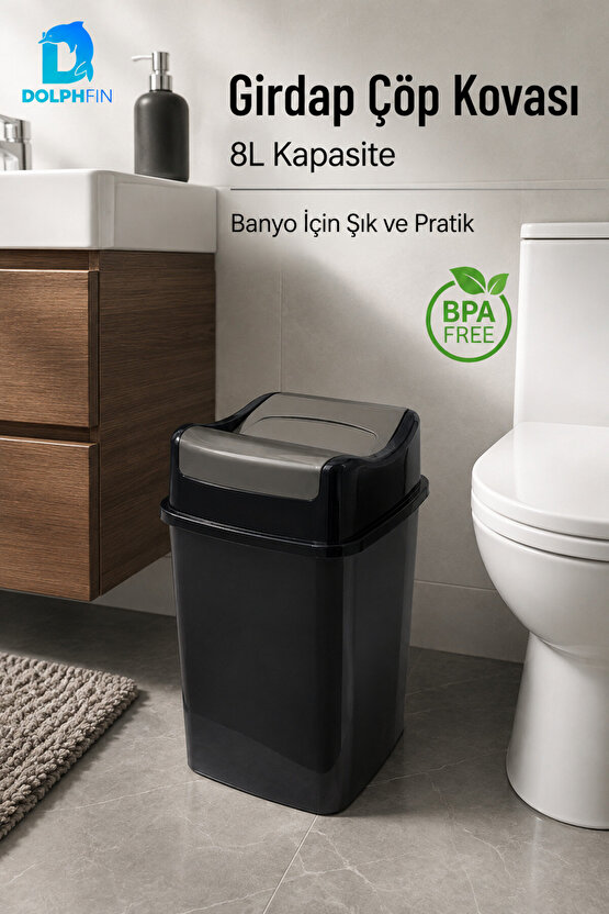 Girdap 8 Litre Sallanır Kapaklı Çöp Kovası Mutfak Banyo Ofis Siyah Füme