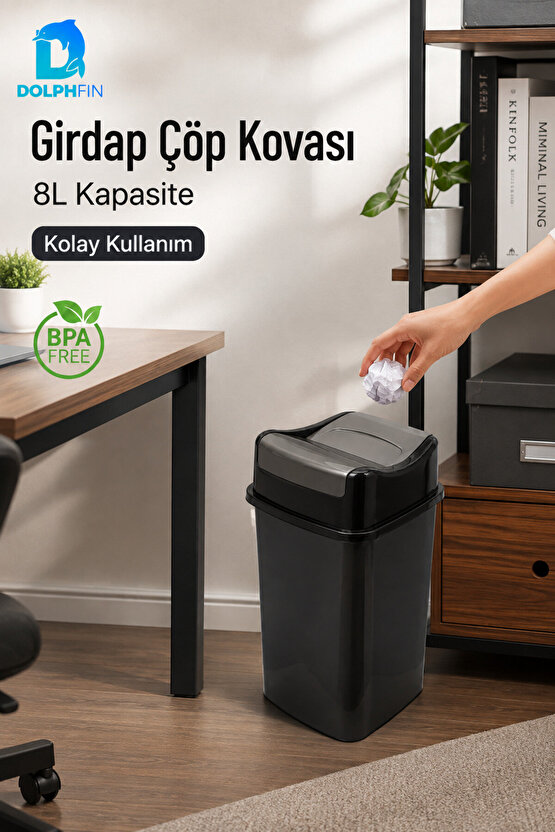 Girdap 8 Litre Sallanır Kapaklı Çöp Kovası Mutfak Banyo Ofis Siyah Füme