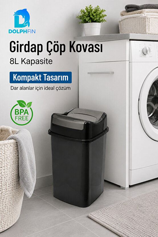 Girdap 8 Litre Sallanır Kapaklı Çöp Kovası Mutfak Banyo Ofis Siyah Füme