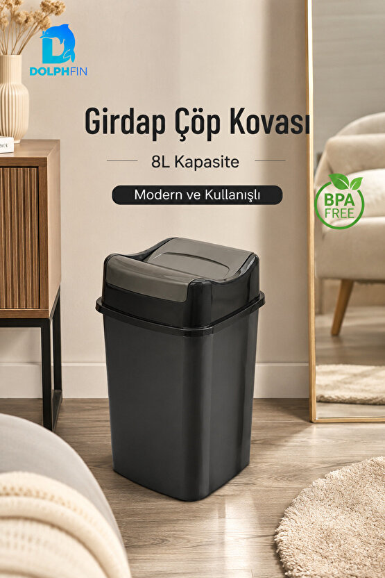 Girdap 8 Litre Sallanır Kapaklı Çöp Kovası Mutfak Banyo Ofis Siyah Füme