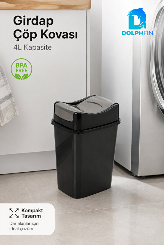 Girdap 4 Litre Sallanır Kapaklı Mini Çöp Kovası Banyo Mutfak Ofis Siyah Füme