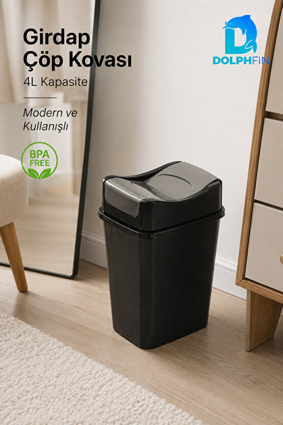 Girdap 4 Litre Sallanır Kapaklı Mini Çöp Kovası Banyo Mutfak Ofis Siyah Füme