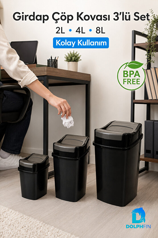 Girdap 3’lü Sallanır Kapaklı Çöp Kovası Seti 2 L 4 L 8 L Banyo Mutfak Siyah