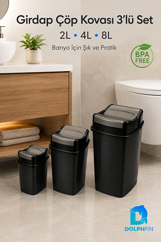 Girdap 3’lü Sallanır Kapaklı Çöp Kovası Seti 2 L 4 L 8 L Banyo Mutfak Siyah